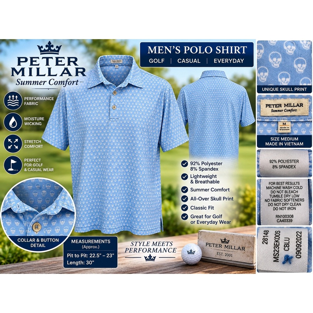 Peter Millar Summer Comfort Mens Polo Shirt Blue Skull Print MS23EK00S Size M